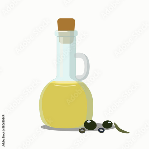 Olive oil bottle and olive branch with leaves and olives. Vector flat illustration with isolated background.	