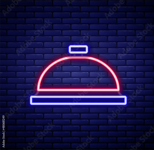 Glowing neon line Covered with a tray of food icon isolated on brick wall background. Tray and lid sign. Restaurant cloche with lid. Colorful outline concept. Vector