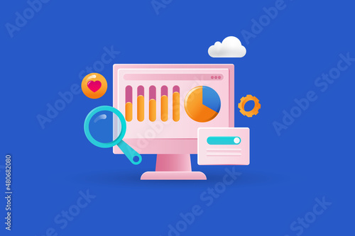 SEO, data information analytics, business and financial report statistics, cloud data computing concept. 3d illustration style abstract marketing technology background. 