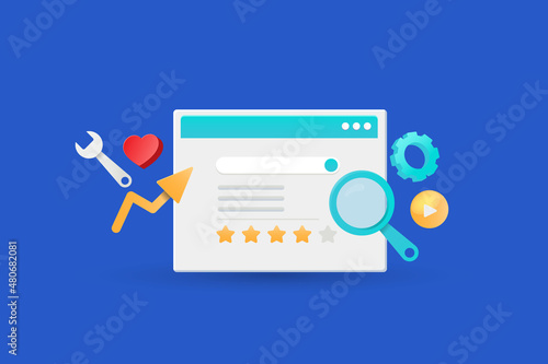 SEO optimization and website management software, business marketing, internet technology, saas application tool concept, 3d illustration with blue background.