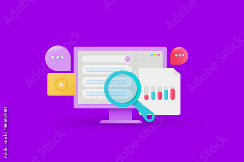 Search marketing, website management, seo data analytics software, online business optimization, serp on computer screen, 3d style illustration background.