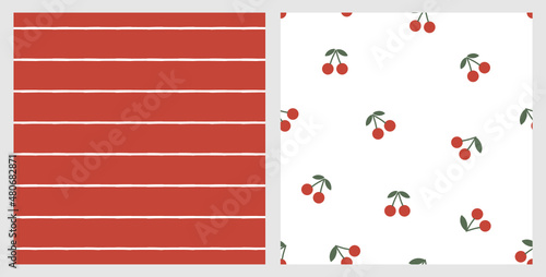 Seamless pattern with red white stripe background. Seamless pattern with red cherry fruit on white background vector.