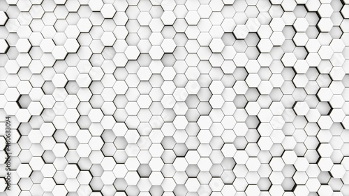 White hexagons with golden edges. 3d render abstract background.