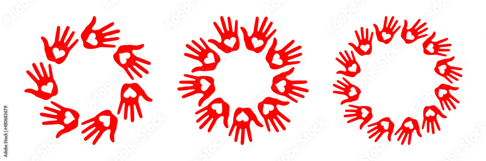 Set of hand print with heart circle icons. Handprint emblems. Hand round insignia. Vector logo Set of hand print with heart circle icons. Handprint emblems. Hand round insignia. Vector logo