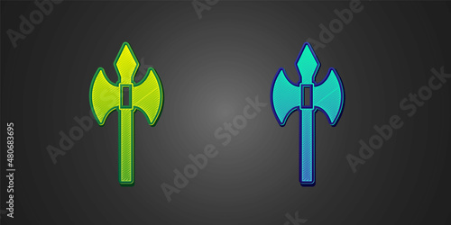 Green and blue Medieval axe icon isolated on black background. Battle axe, executioner axe. Medieval weapon. Vector