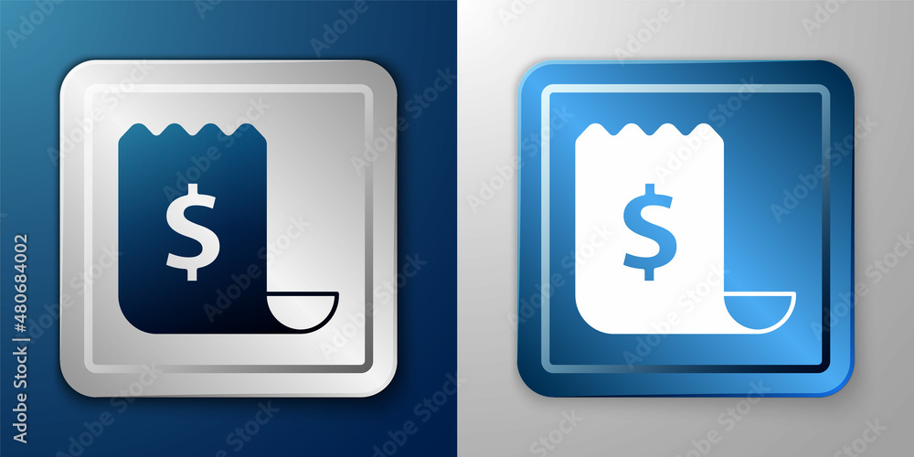 White Paper check and financial check icon isolated on blue and grey background. Paper print check, shop receipt or bill. Silver and blue square button. Vector White Paper check and financial check icon isolated on blue and grey background. Paper print check, shop receipt or bill. Silver and blue square button. Vector