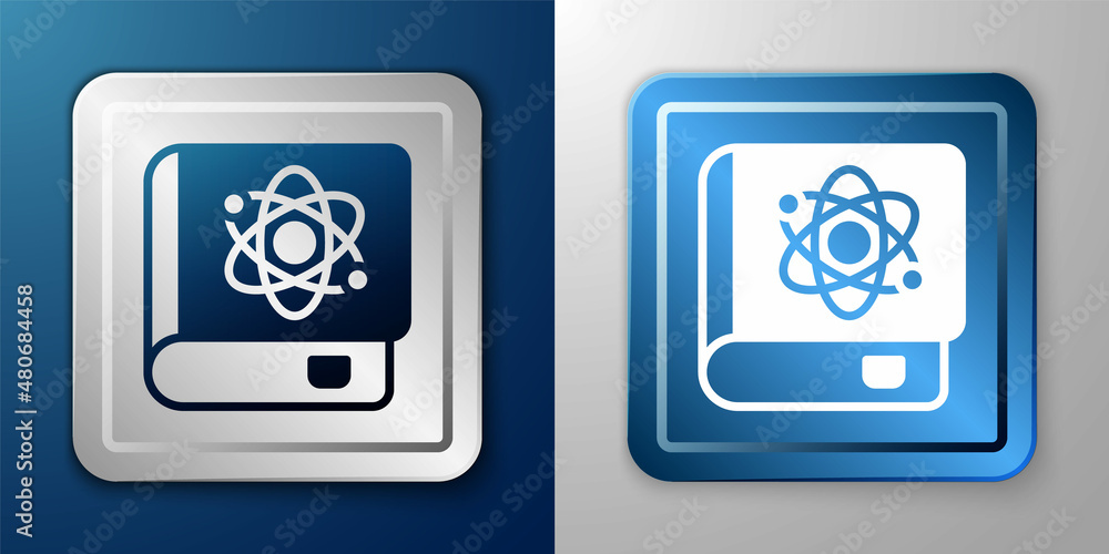 White Book about physics icon isolated on blue and grey background. Silver and blue square button. Vector White Book about physics icon isolated on blue and grey background. Silver and blue square button. Vector