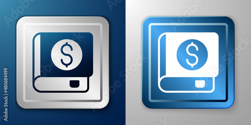 White Financial book icon isolated on blue and grey background. Silver and blue square button. Vector