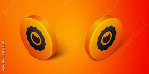 Isometric Bottle opener icon isolated on orange background. Orange circle button. Vector