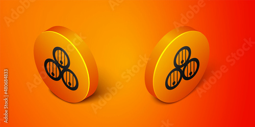 Isometric Wooden barrel icon isolated on orange background. Alcohol barrel, drink container, wooden keg for beer, whiskey, wine. Orange circle button. Vector