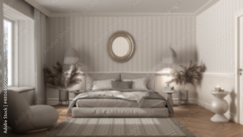 Blur background, elegant bedroom with modern minimalist furniture. Parquet, double bed with pillows, pendant lamps and mirror. Wallpaper and carpet. Classic interior design