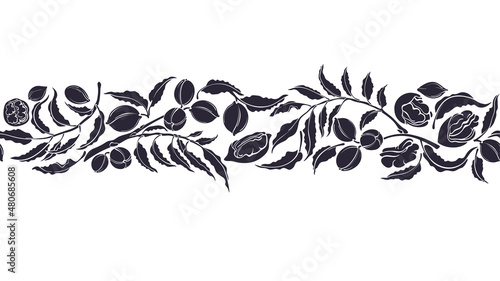 Pecan nuts seamless print Vector branch and kernel