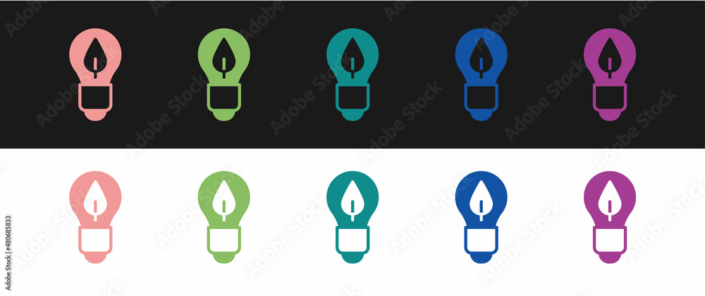Set Light bulb with leaf icon isolated on black and white background. Eco energy concept. Alternative energy concept. Vector