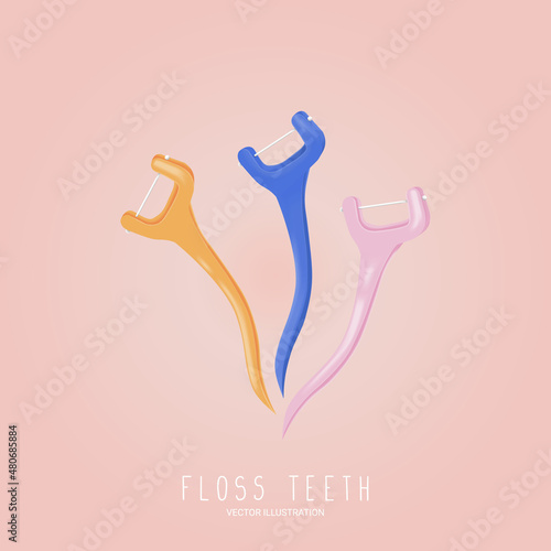 Dental flosser for cleaning teeth. Vector 3D illustration on light pink background. Dental care and teeth hygiene concept. Isolated vector in realistic 3D style.