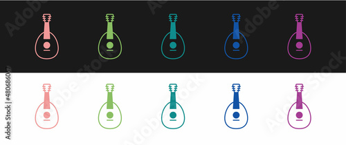Set Traditional musical instrument mandolin icon isolated on black and white background. Vector