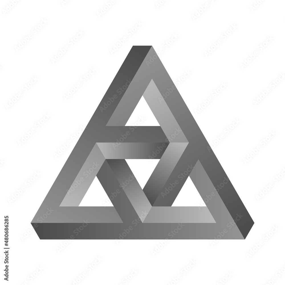 Impossible triangle shape. Silver gradient endless geometric triangular object. Optical illusion paradox. Abstract infinite geometric figure. Gray triangle, white background. Vector illustration. Impossible triangle shape. Silver gradient endless geometric triangular object. Optical illusion paradox. Abstract infinite geometric figure. Gray triangle, white background. Vector illustration.