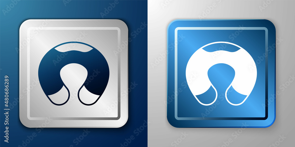 White Travel neck pillow icon isolated on blue and grey background. Pillow U-shaped. Silver and blue square button. Vector White Travel neck pillow icon isolated on blue and grey background. Pillow U-shaped. Silver and blue square button. Vector