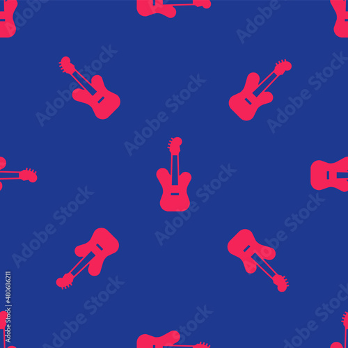Red Electric bass guitar icon isolated seamless pattern on blue background. Vector