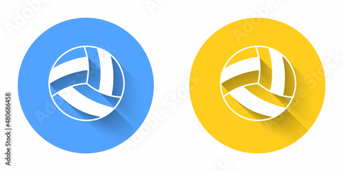 White Volleyball ball icon isolated with long shadow background. Sport equipment. Circle button. Vector