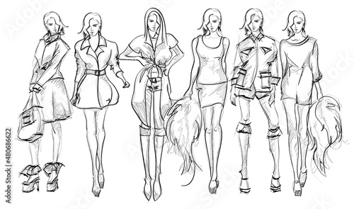 Set of young beautiful women in stylish clothes. Sale concept. Hand-drawn fashion illustration. Fashion sketch.