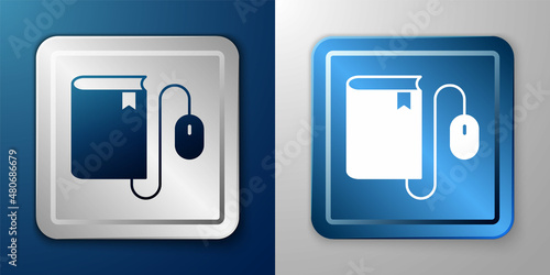 White Electronic book with mouse icon isolated on blue and grey background. Online education concept. E-book badge icon. Silver and blue square button. Vector