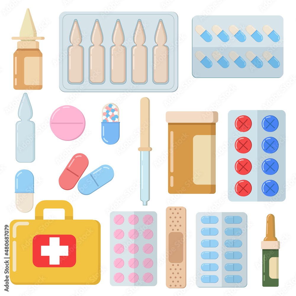 Set of pill, containers, drops and medical drugs for healthcare design Set of pill, containers, drops and medical drugs for healthcare design
