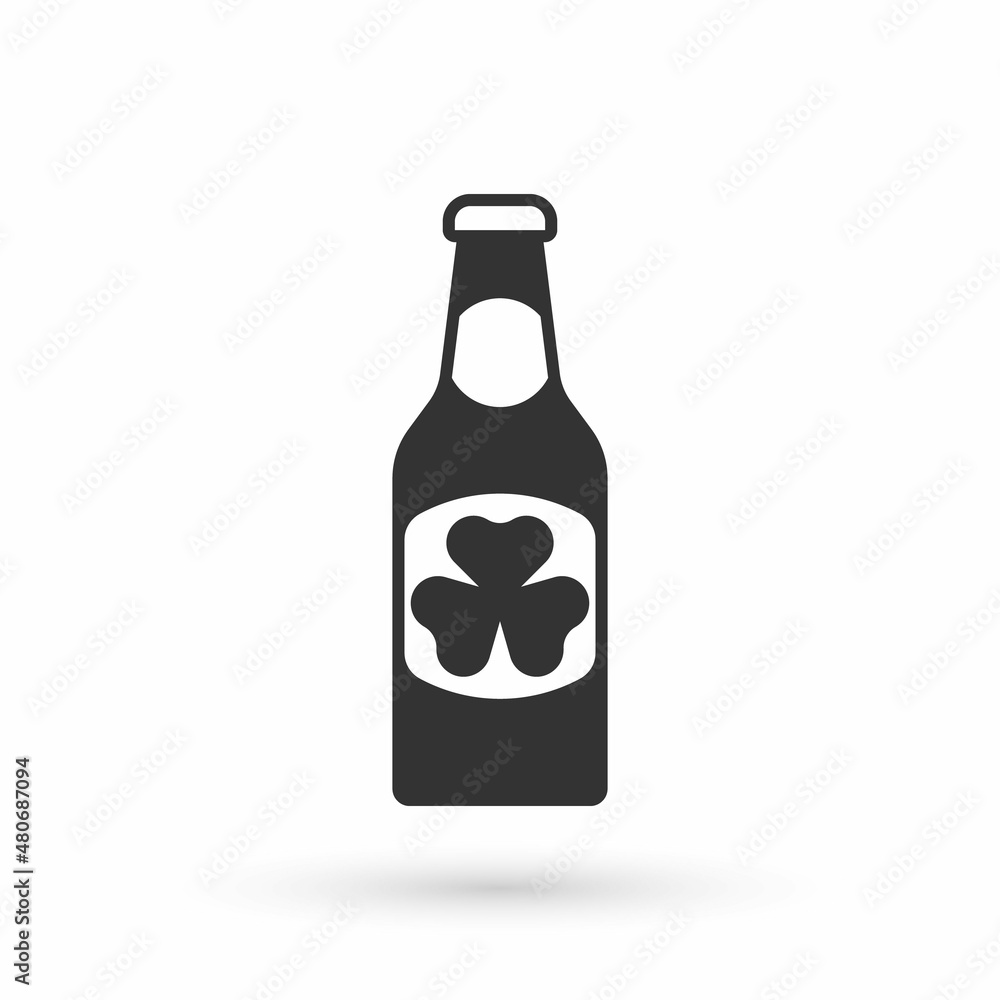 Grey Beer bottle with clover trefoil leaf icon isolated on white background. Happy Saint Patricks day. National Irish holiday. Vector Grey Beer bottle with clover trefoil leaf icon isolated on white background. Happy Saint Patricks day. National Irish holiday. Vector