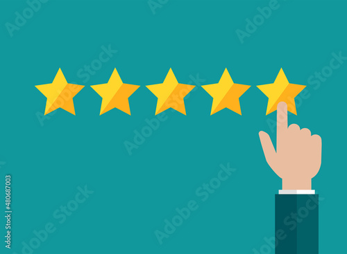 Hand with five golden stars. Giving rating. Ranking business or service. Feedback, reputation and quality assessment