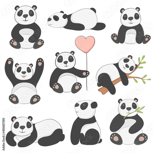 Fototapeta Naklejka Na Ścianę i Meble -  Set of funny panda bears cartoon style hand drawn