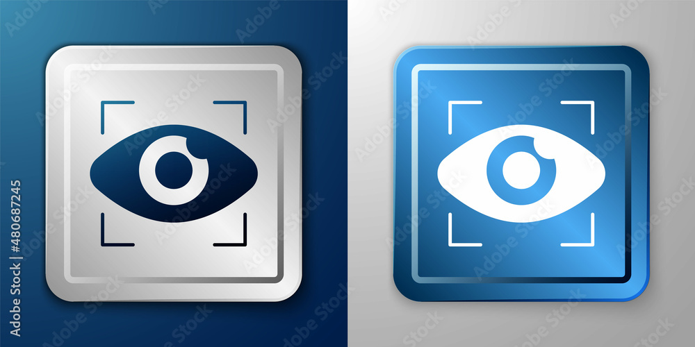 White Big brother electronic eye icon isolated on blue and grey background. Global surveillance technology, computer systems and networks security. Silver and blue square button. Vector White Big brother electronic eye icon isolated on blue and grey background. Global surveillance technology, computer systems and networks security. Silver and blue square button. Vector