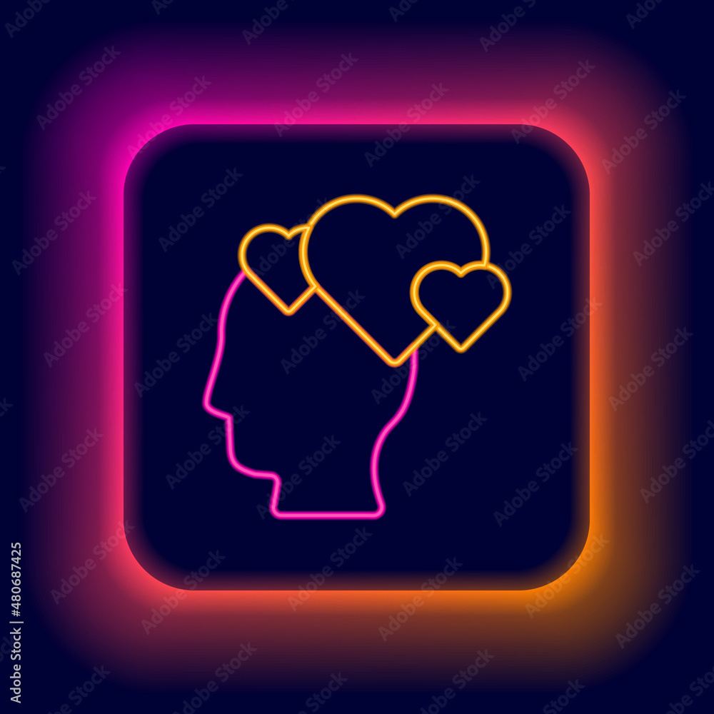 Glowing neon line Human head with heart icon isolated on black background. Love concept with human head. Colorful outline concept. Vector Glowing neon line Human head with heart icon isolated on black background. Love concept with human head. Colorful outline concept. Vector
