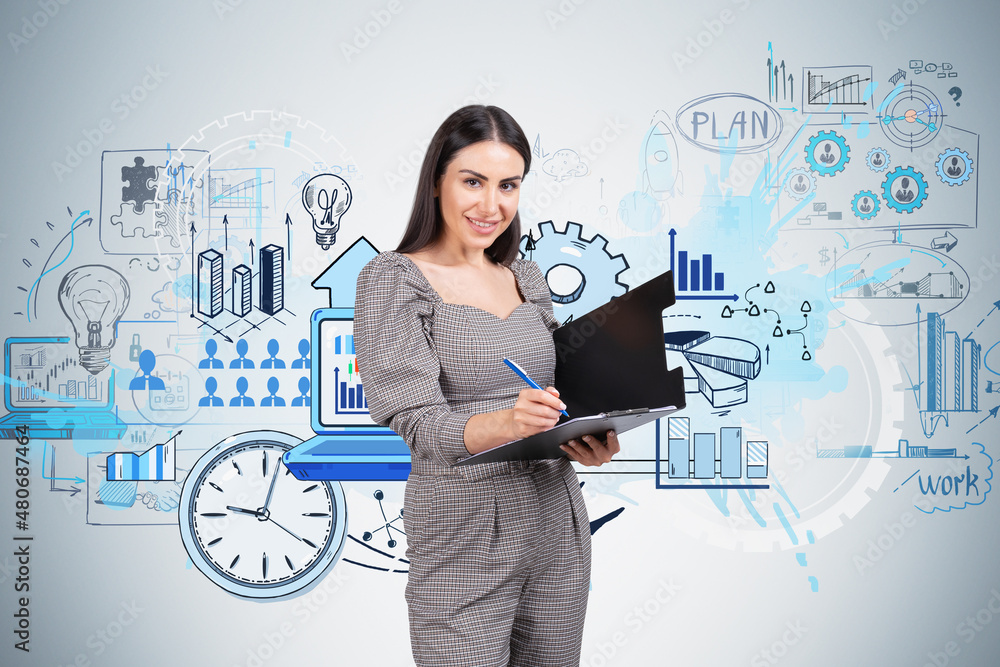 Businesswoman wearing formal wear is holding clipboard and takin Businesswoman wearing formal wear is holding clipboard and takin