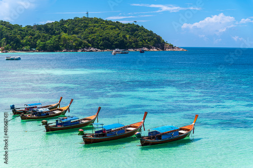 Beautiful Andaman sea  Tropical Turquoise clear blue sea and white sand beach on pattaya beach with blue sky background at Lipe Island  Satun  Thailand -  summer vacation travel