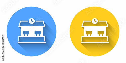 White Railway station icon isolated with long shadow background. Circle button. Vector