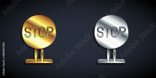 Gold and silver Stop sign icon isolated on black background. Traffic regulatory warning stop symbol. Long shadow style. Vector