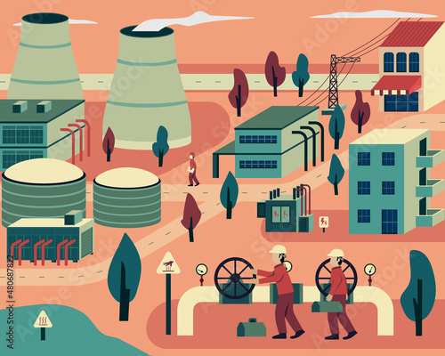 geothermal energy, geothermal power plant, the technician working maintetance steam pipe line in graphic classic style