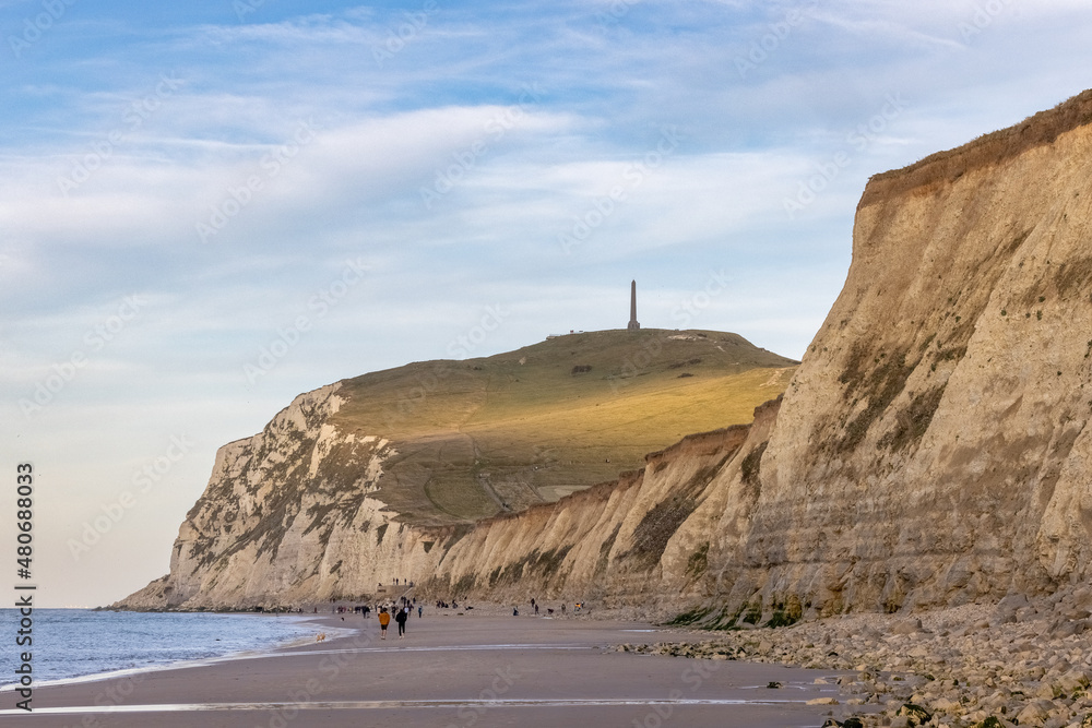 Seascape of the opal coast of Cap Blanc Nez, showing the Monument at Cape white Nose France on top of the chalk cliffs. High quality photo - obrazy, fototapety, plakaty 