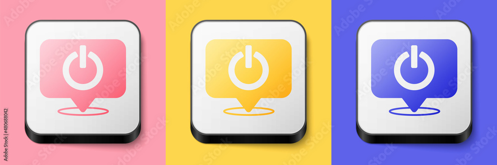 Isometric Power button icon isolated on pink, yellow and blue background. Start sign. Square button. Vector Isometric Power button icon isolated on pink, yellow and blue background. Start sign. Square button. Vector