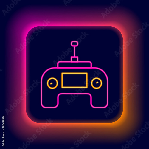 Glowing neon line Drone radio remote control transmitter icon isolated on black background. Colorful outline concept. Vector