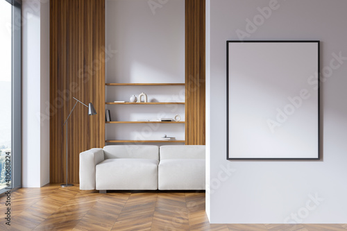 Bright living room interior with empty white poster, panoramic window © ImageFlow