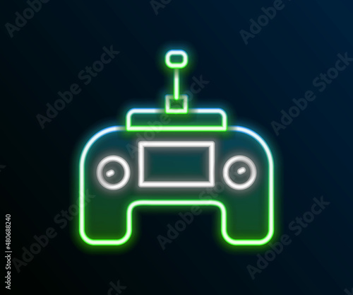 Glowing neon line Drone radio remote control transmitter icon isolated on black background. Colorful outline concept. Vector