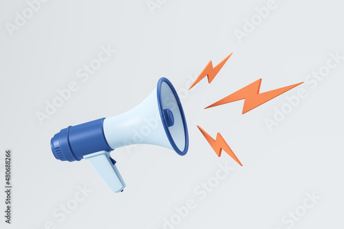 Megaphone with lightning and flashes, advertisement and marketing company photo