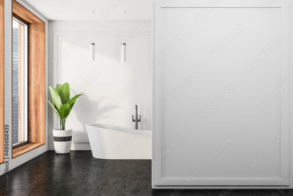 Light bathroom interior with tub, towel and ladder, mockup poster Light bathroom interior with tub, towel and ladder, mockup poster