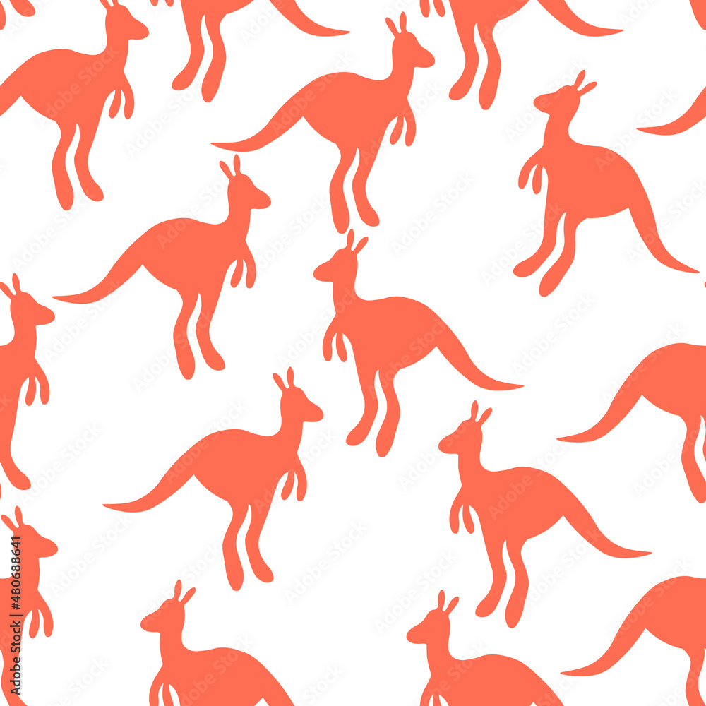 Vector flat illustration with silhouette kangaroo and baby kangaroo. Seamless pattern on white background. Design for card, poster, fabric, textile. Pray for Australia and animals Vector flat illustration with silhouette kangaroo and baby kangaroo. Seamless pattern on white background. Design for card, poster, fabric, textile. Pray for Australia and animals