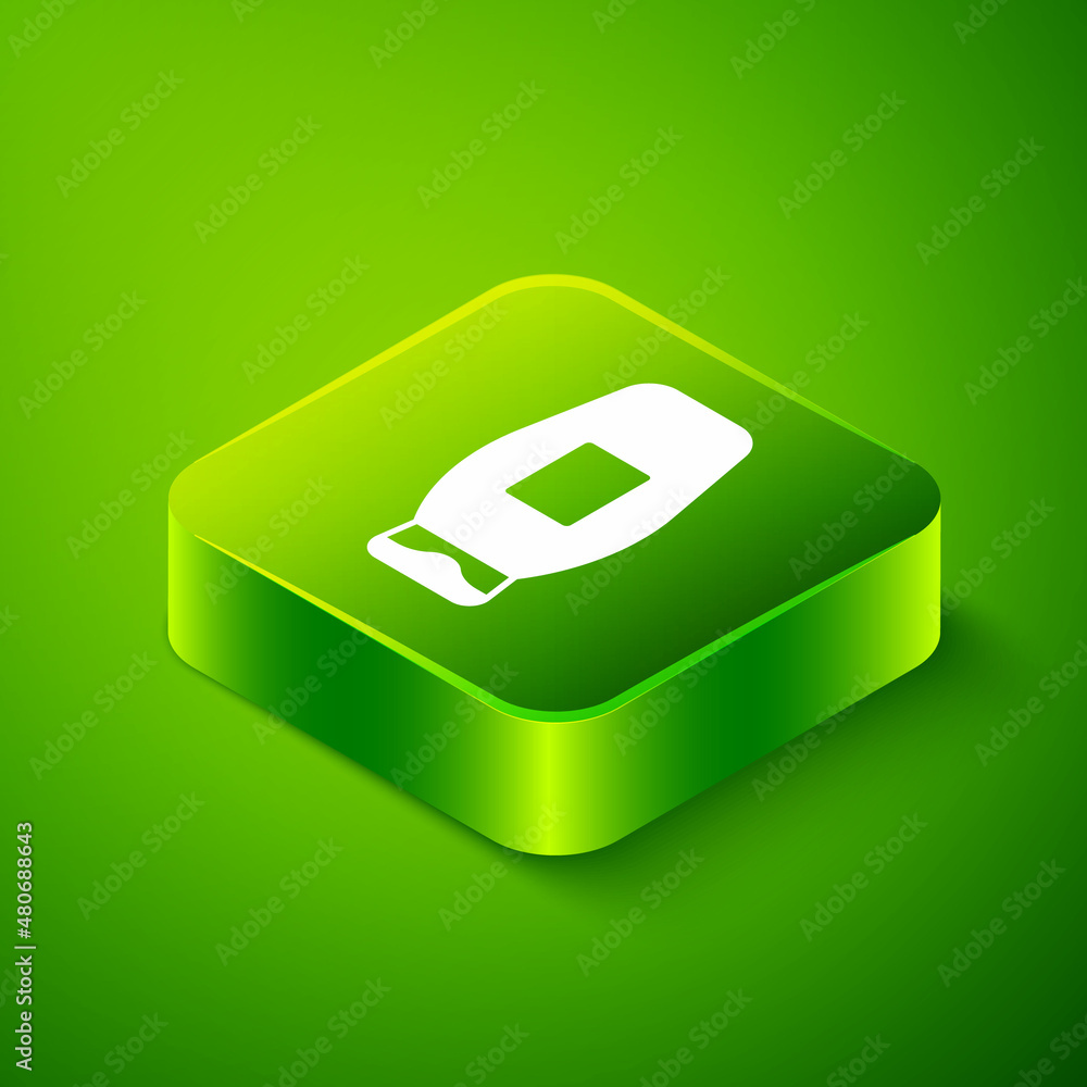 Isometric Bottle of shampoo icon isolated on green background. Green square button. Vector Isometric Bottle of shampoo icon isolated on green background. Green square button. Vector