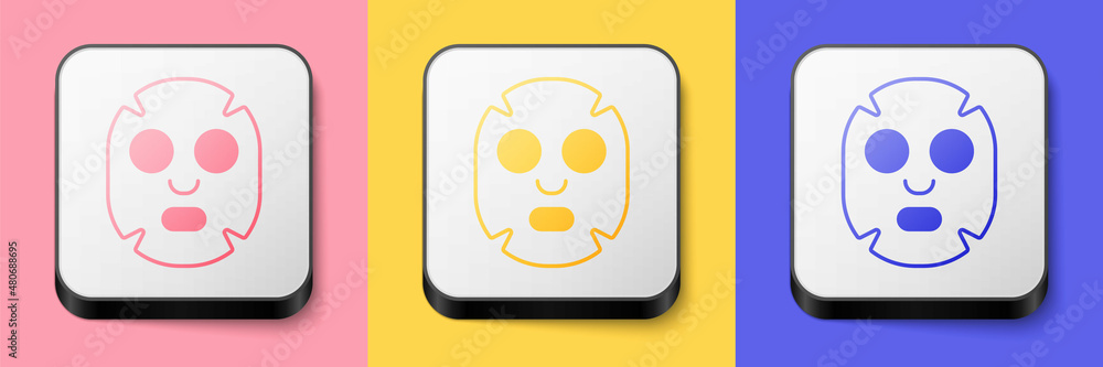 Isometric Facial cosmetic mask icon isolated on pink, yellow and blue background. Cosmetology, medicine and health care. Square button. Vector Isometric Facial cosmetic mask icon isolated on pink, yellow and blue background. Cosmetology, medicine and health care. Square button. Vector