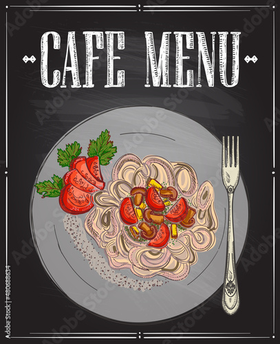 Chalk style cafe menu with vegetarian buckwheat pasta, gluten free diet dish, hand drawn graphic sketch