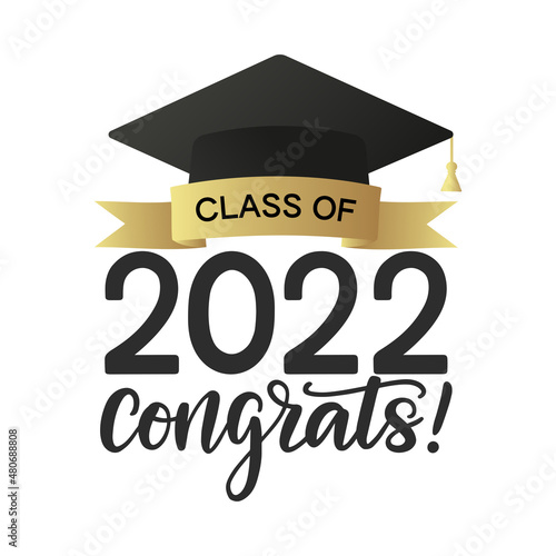 Class of 2022 congrats concept design. Graduate congratulation poster decorated by gold ribbon and academic cap. Graduation design for the yearbook. 