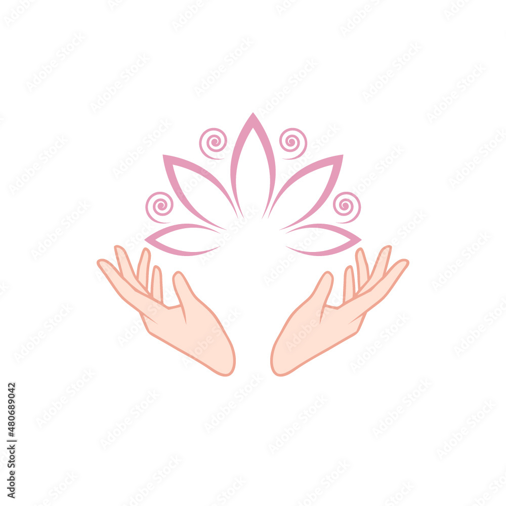Obraz premium Female hands holding a beautiful pink lotus icon isolated on white background