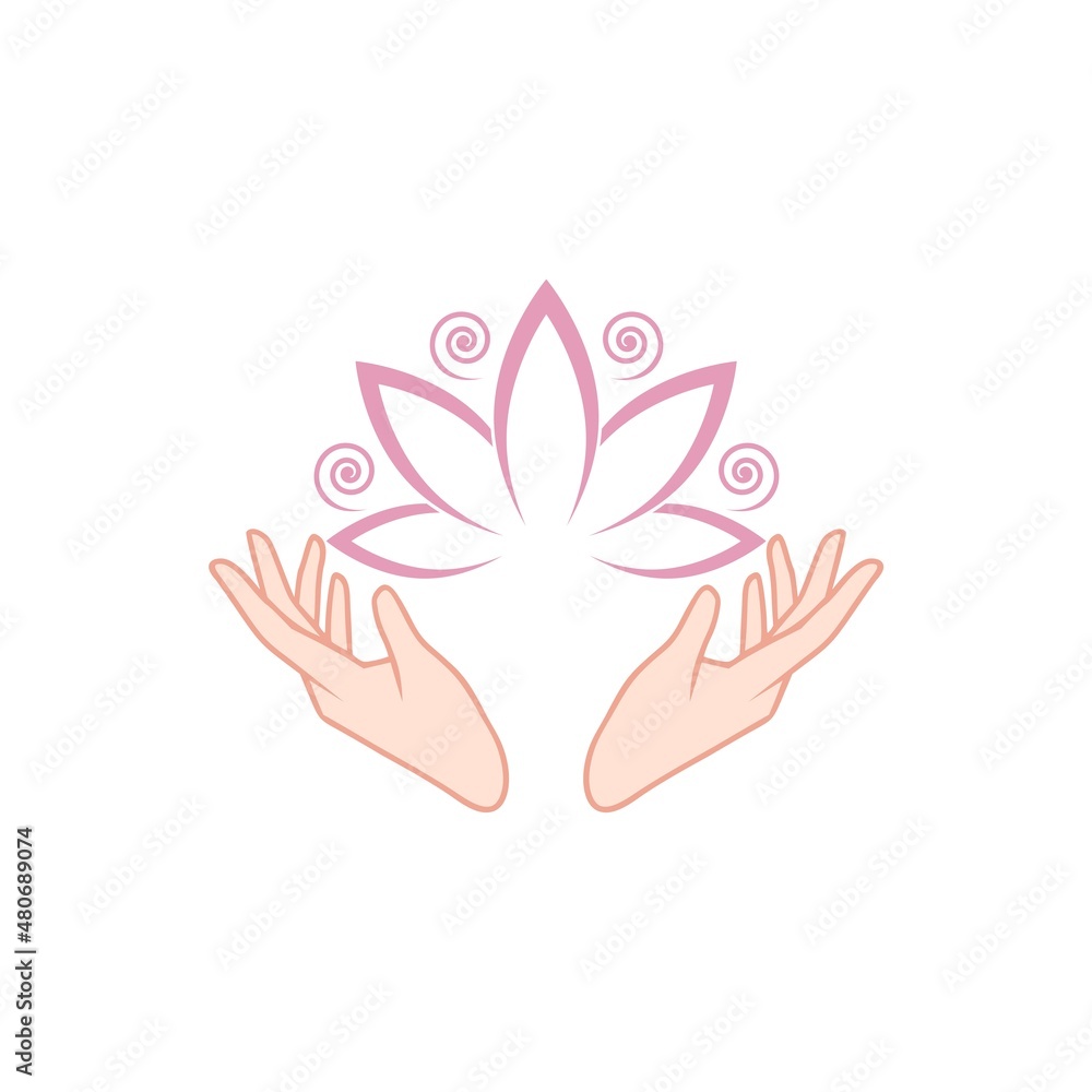 Obraz premium Female hands holding a beautiful pink lotus icon isolated on white background